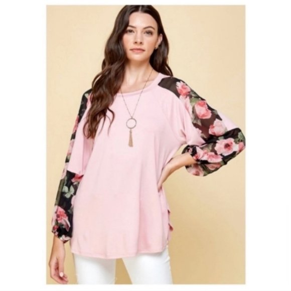 Pink Top with Floral Chiffon Sleeves✨️ - Picture 2 of 4